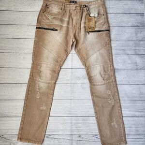 Men's Biker Slim Distressed Jeans (Tan/Taupe Wash)